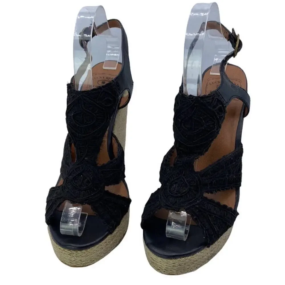 Lucky Brand Ridgeview Rita Black Macrame Lace Platform Wedge Sandals 8M Box